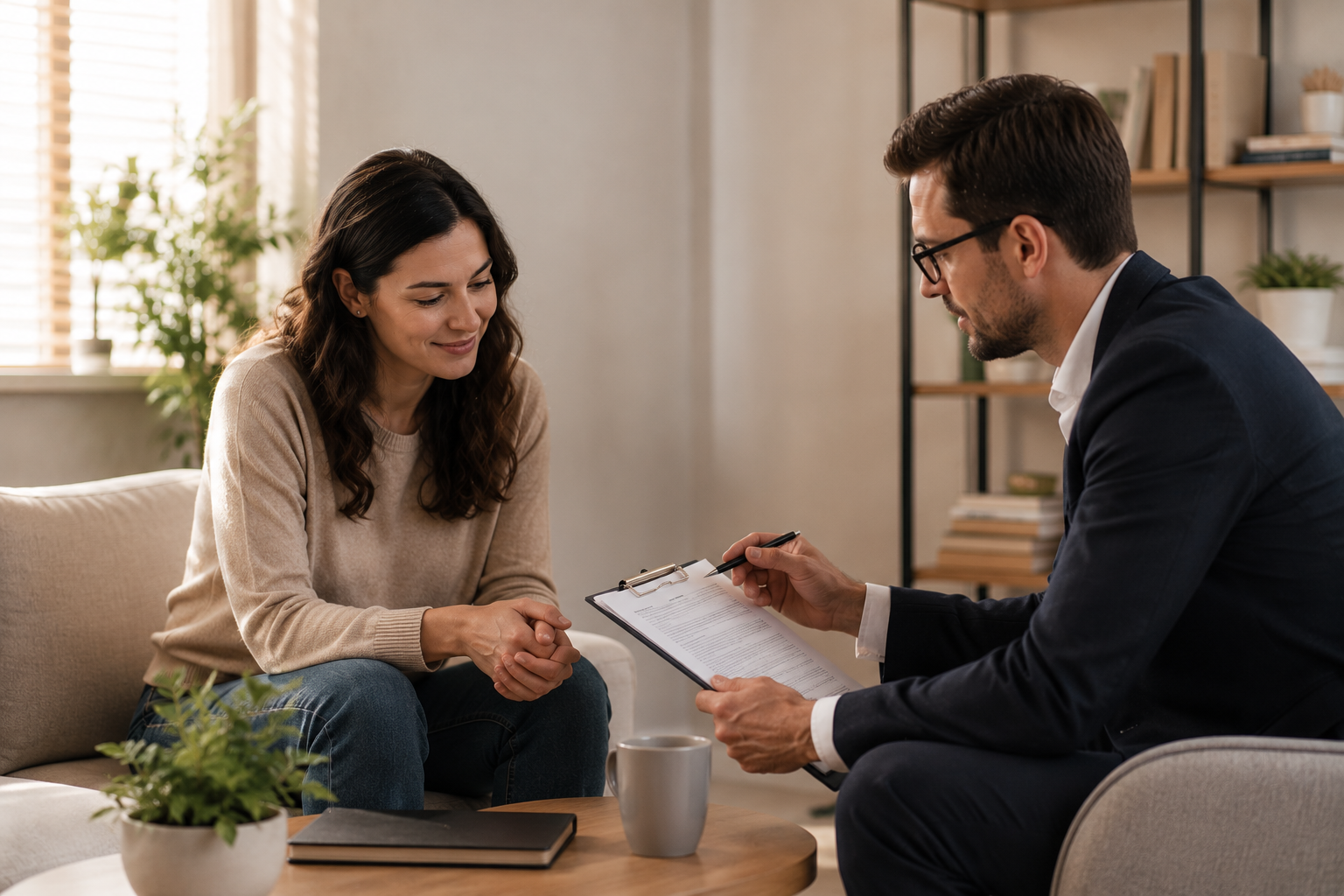 Create an ultra-realistic image representing personal accident protection and support. Calm reassuring atmosphere with subtle human interaction. Natural daylight, warm tones, minimal environment, cinematic realistic photography style. Focus on care, recovery and peace of mind rather than visible injury or medical drama.